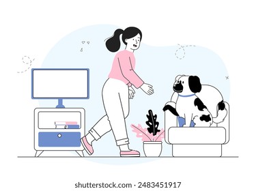 El perro da la pata. Mujer entrena a su mascota. Propietario feliz con animal doméstico amistoso. Entrenador dar el comando para el cachorro. Comodidad en casa. Ilustración vectorial lineal aislada sobre fondo blanco