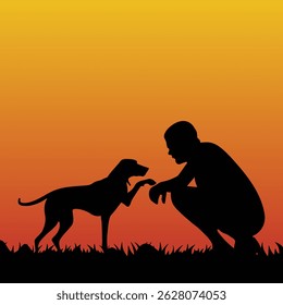 Dog giving paw to person silhouette at sunset