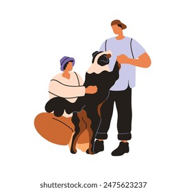 Perro contento de conocer gente. Perro leal, de pie sobre patas traseras, abrazando al dueño de la mascota. Amigos felices, pareja abrazando gran peluda mullida compañera. Ilustración vectorial plana aislada sobre fondo blanco