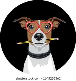 Perro con gafas mordiendo un lápiz. ilustración vectorial