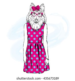 The dog glasses and a bow. Vector illustration for greeting card, poster.