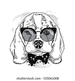 Dog with glasses and tie. Vector illustration. Cute puppy.