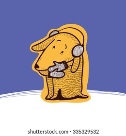 Dog With Gloves And Ear Muffs Looking Cold And Pitifully At Winter. Vector Illustration.