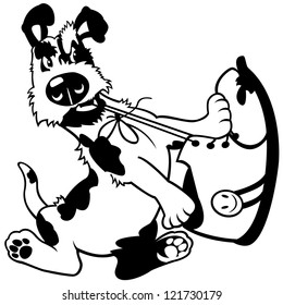 dog gnaw shoe,black white cartoon picture isolated on white background,vector illustration