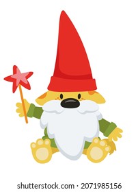 Dog gnome holding magic wand. Fairytale character in cartoon style