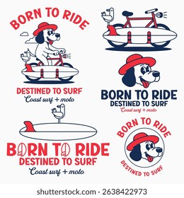 dog goes surfing on bike cute retro cartoon vector hand drawn