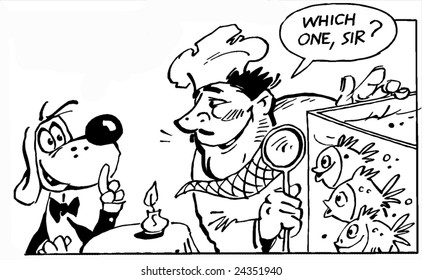 dog going fishing in a restaurant