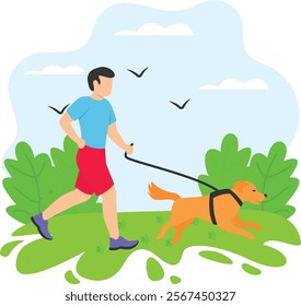 dog going thru frenetic random activity period concept, Man wearing jogging suit with his doggy vector design, Pet foster and hotel Symbol, kennel animals Sign, Human-animal interaction illustration