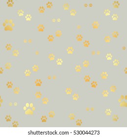 Dog Gold paw prints. Seamless pattern of animal gold footprints. 