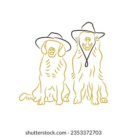 Dog golden retriever couple with hat sitting together hand drawn ink sketch. Cute labrador line art vector illustration