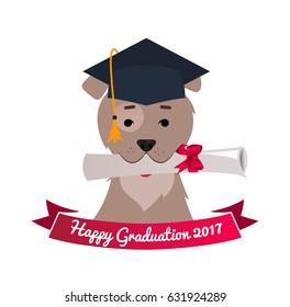 Dog in graduation cap holding diploma with mouth. Celebration graduation funny background. Vector flat illustration