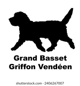 Dog Grand Basset Griffon Vendéen silhouette Breeds Bundle Dogs on the move. Dogs in different poses jumps, the dog runs. The dog is sitting lying down playing
