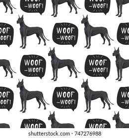 Dog Great Dane seamless pattern colorful with hand drawn banner woof-woof