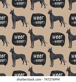 Dog Great Dane seamless pattern colorful with hand drawn banner woof-woof