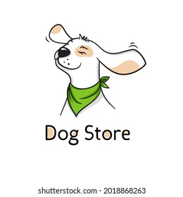 Dog with green bandana. Logo and cute happy mascot for pet shop or veterinary 