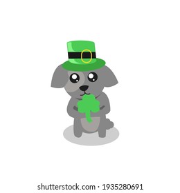 Dog with green hat and clover leaf. for saints patricks Day. Flat Design flat color.