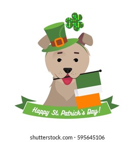 Dog in green hat holding irish flag with mouth. Patrick`s day funny background. Vector flat illustration