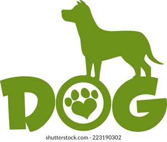 Dog Green Silhouette Over Text With Love Paw Print Vector Illustration Isolated On White Background
