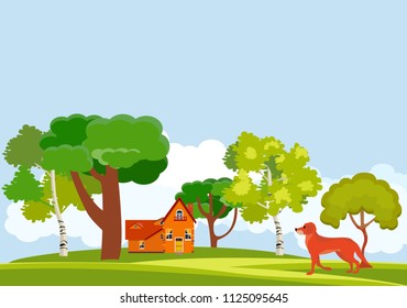 Dog, green valley, trees, house, countryside, natural landscape vector