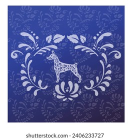 dog greeting card blue in ethnic  style, vector illustration