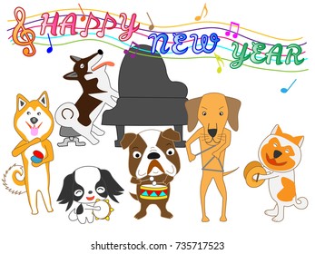 Dog greeting card. Dog plays music and celebrates the New Year.