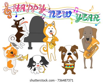 Dog greeting card. Dog plays music and celebrates the New Year.