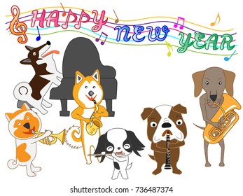 Dog greeting card. Dog plays music and celebrates the New Year.