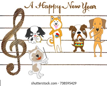 Dog greeting card. Dog plays music and celebrates the New Year.