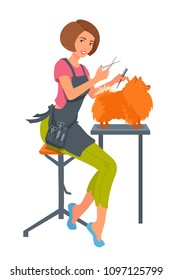 Dog groomer. Girl trims dog's wool. Young woman smiling, doing a haircut for the Pomeranian spitz. Dog stylist at work. Cartoon vector illustration isolated from white. Realistic body proportions.