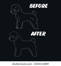 Peluquero de perros mostrando antes y después. Ilustraciones de diseño de Vector de estilo dibujado a mano.