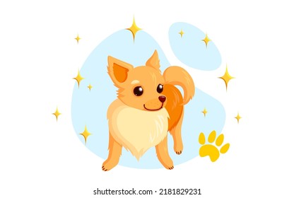 Dog Grooming In A Bath With Pet Shampoo, Combs And Rubber Ducks. Playful Chihuahua Puppy In Grooming Service. Vector Illustration In Cute Cartoon Style