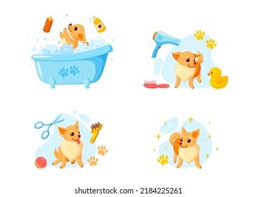 Dog grooming in a bath with pet shampoo, combs and rubber ducks. Playful chihuahua puppy in grooming service. Vector illustration in cute cartoon style