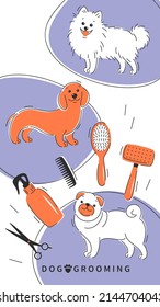 Hunde wachsen. Cartoon-Hunde mit verschiedenen Werkzeugen für Tierhaar, Haarschnitt, Baden, Hygiene. Vektorgrafik für den Pflegesalon für Haustiere.