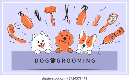 Dog grooming. Cartoon dogs with different tools for animal hair grooming, haircuts, bathing, hygiene. Vector illustration for pet care salon.