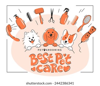 Dog grooming. Cartoon dogs with different tools for animal hair grooming, haircuts, bathing, hygiene. Vector illustration for pet care salon.