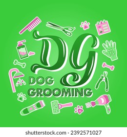 Dog Grooming color lettering on textured background. Hand drawn promotional vector illustration with text decor for banner or sign. Advertising hand drawn text for concept or template with icons