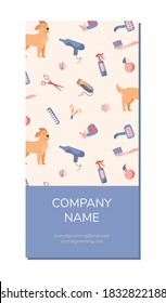 Dog grooming company brochure design. Golden Retriever and grooming products, shampoos, wire cutters, combs, scissors. Illustrations in cartoon style 
on white background. vector 
