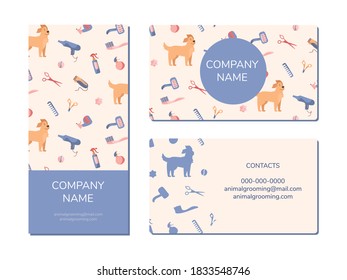 Diseño de folletos y tarjetas de visita de la empresa de captación de perros. Productos para la recuperación y el acaparamiento de oro, champús, cortadores de alambre, peines, tijeras. Ilustraciones vectoriales al estilo de las caricaturas.