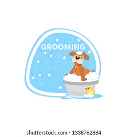Dog grooming concept.  Cartoon cute dog character  a soapy bath with rubber duck. Pet wash icon, logo design.