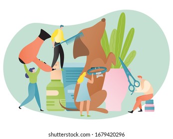 Dog grooming concept, pet care salon with tiny people, animal beauty center poster, vector illustration. Men and women flat cartoon characters with hair dryer, comb and scissors take care of puppy