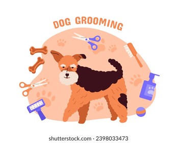 Dog grooming concept. Puppy with comb and scissrs. Beauty, elegance and aesthetics. Cleaning spray for pet, shampoo. Cartoon flat vector illustration isolated on white background