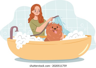 Dog grooming concept. Woman washing a dog in a bubble bathtub. Happy dog owner taking care of her pet. Hand drawn vector flat illustration