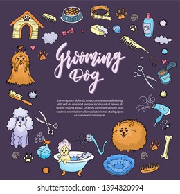 Dog grooming, cute Doodle illustration, lettering. Concept for banner, flyer, website, background. Doodle vector illustration