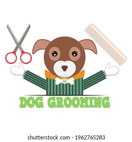 Dog grooming design template logo with dog, comb and scissors. Vector clipart and drawing. Isolated illustration on white background.