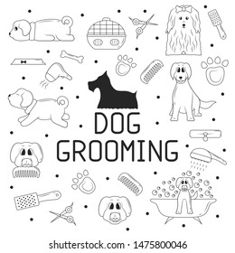 Dog grooming elements in outline for pet shop or store. Template for veterinary shelter. Flat vector illustration. Cute puppy taking a bath and holding a brush.
