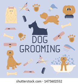 Dog grooming elements for pet shop or store. Template for veterinary shelter. Flat vector illustration. Cute puppy taking a bath.