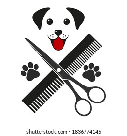 Dog Grooming Emblem With Scissors And Comb On White Background