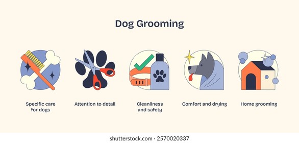 Dog grooming essentials depicted with comb, scissors, and shampoo in a bold, graphic style. Neubrutalism style