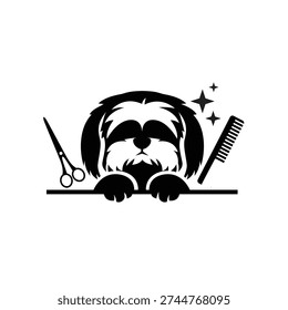 Dog Grooming Illustration with Scissors and Comb.