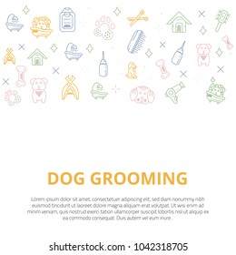 Dog grooming Line art banner with sign of dog, bone, clipper, comb. Stylish animal equipment for your promo design